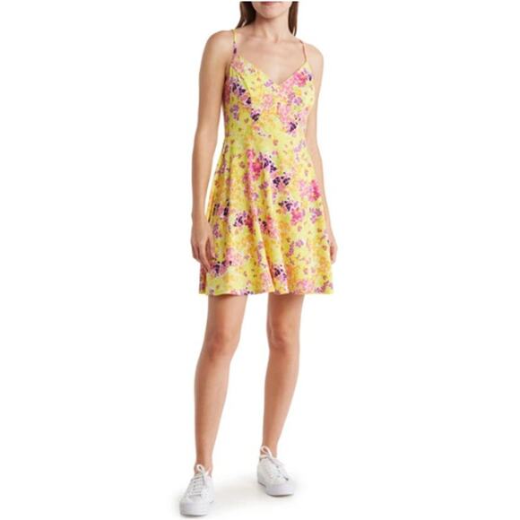 New ABOUND NORDSTROM Pink-Yellow Painted Floral V-Neck Skater Dress Size L - Picture 1 of 7